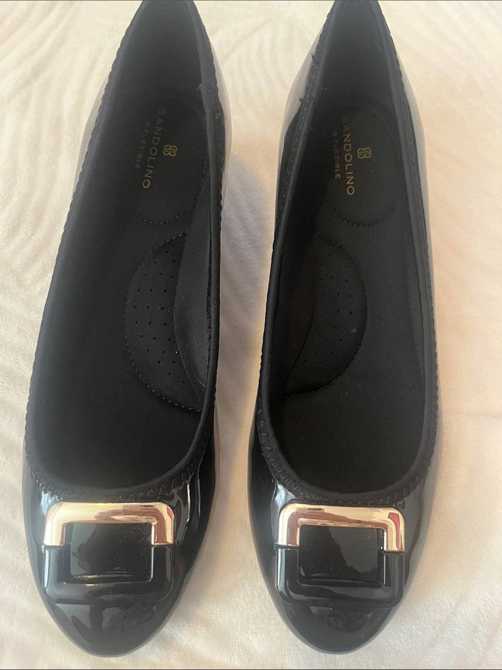 Bandolino Black Patent Flats with Gold Buckle